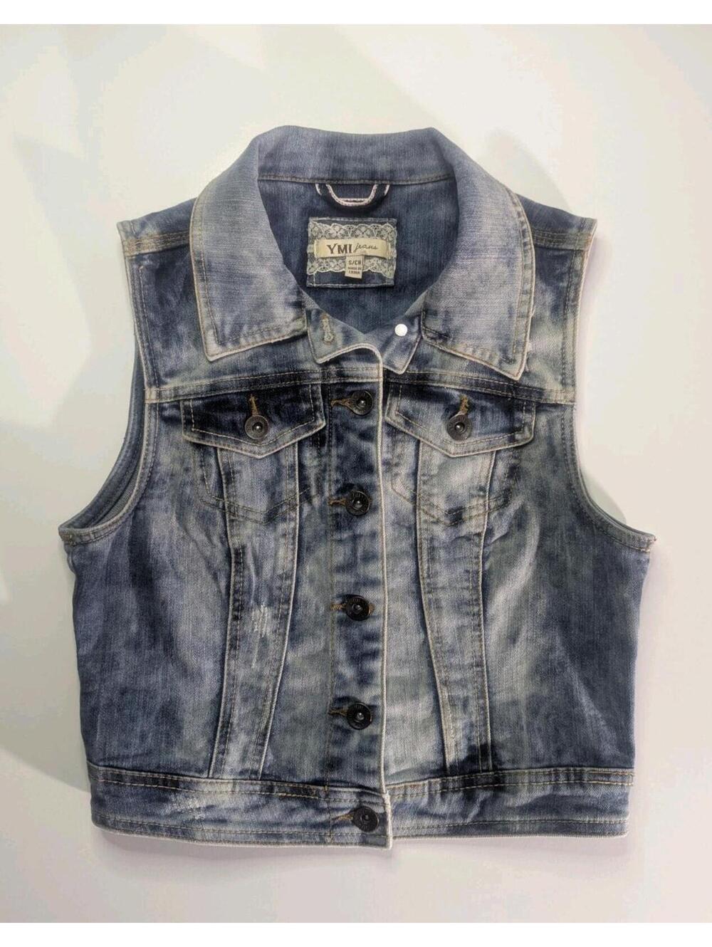 YMI Denim Vest Youth Girls Size S Sleeveless Distressed Stone Wash Jean Jacket
